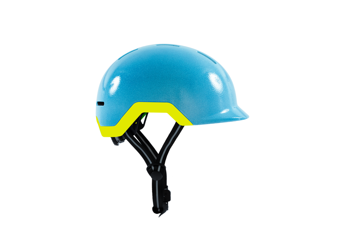 Fietshelm in twee kleuren blauwe en geel - reflecteert in het donker